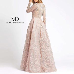 Mac Duggal Embellished Long-Sleeve Floral Lace A-Line Gown Embellished